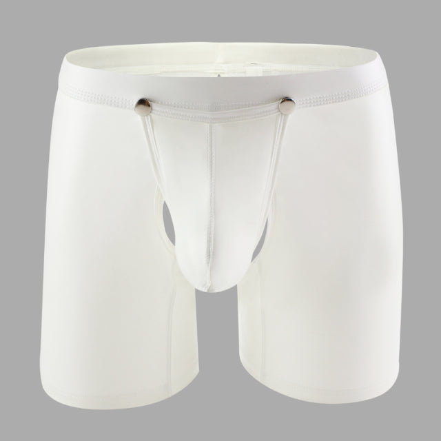 AIIOU Sexy Men Boxer Shorts Funny Faux Leather Underwear Wet Look Underpants Open Crotch Pouch Erotic Gay Cueca Male Panties