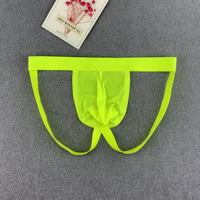 Men Sexy Thong Underwear Smooth Ice Silk Low Rise Hollow G-string Well Stretched Solid Male Underpants