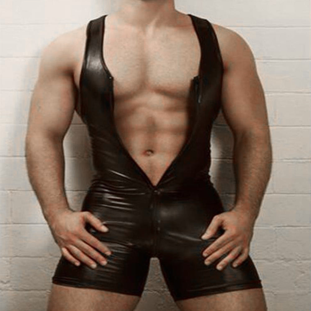 Men Sexy Lingerie Bodysuit Black Sexy Wetlook Faux Leather Zipper Open Bust Stretch Tight Erotic Catsuit Fetish Gay Costumes