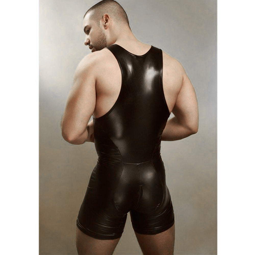 Men Sexy Lingerie Bodysuit Black Sexy Wetlook Faux Leather Zipper Open Bust Stretch Tight Erotic Catsuit Fetish Gay Costumes