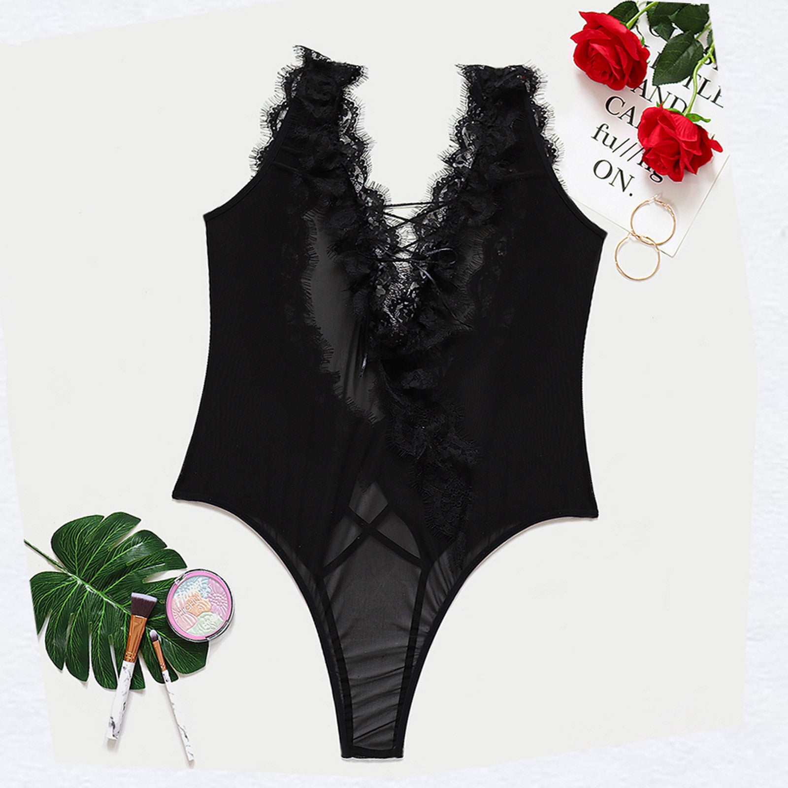 Plus Size Erotic Lingerie One-Piece Teddies Transparent Lace Sexy Lingerie Black Women Underwear Porn Mujer Sexy Costumes Teddy
