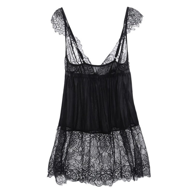 Ladies Lace Lingerie Sleepdress Plus Size Black Female Nightwear Sexy See Though Underwear Spaghetti Strap Chemise