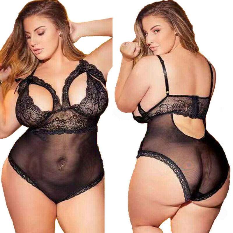 Women Sexy Lingerie Sleepwear Bodysuits Bandage Hollow Lace Babydolls Ladies Underwear See Through Nightwear Plus Size