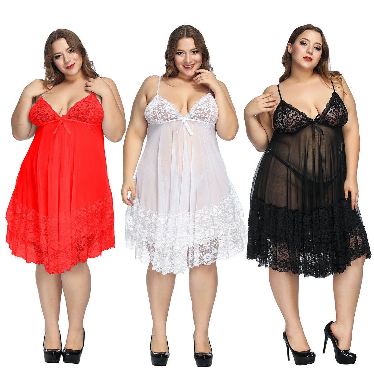 Large size Women Sexy Lingerie Summer Lace Babydoll Sleepwear Ladies Deep V-neck Nightdress Sleeveless Mesh Lace Nightgowns