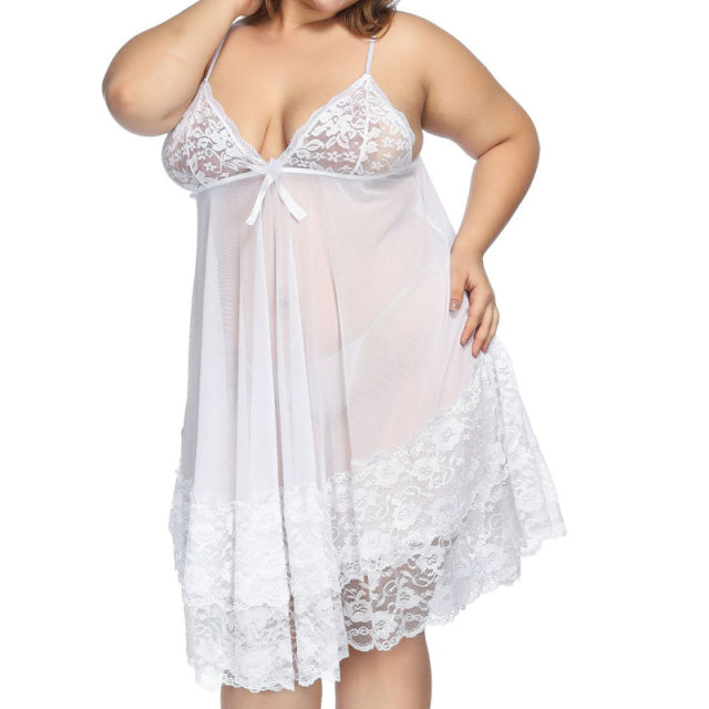 Large size Women Sexy Lingerie Summer Lace Babydoll Sleepwear Ladies Deep V-neck Nightdress Sleeveless Mesh Lace Nightgowns