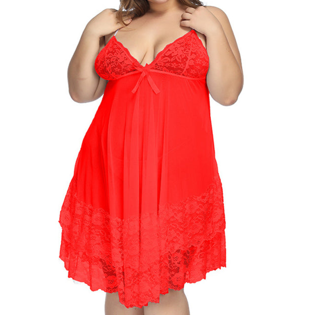 Large size Women Sexy Lingerie Summer Lace Babydoll Sleepwear Ladies Deep V-neck Nightdress Sleeveless Mesh Lace Nightgowns