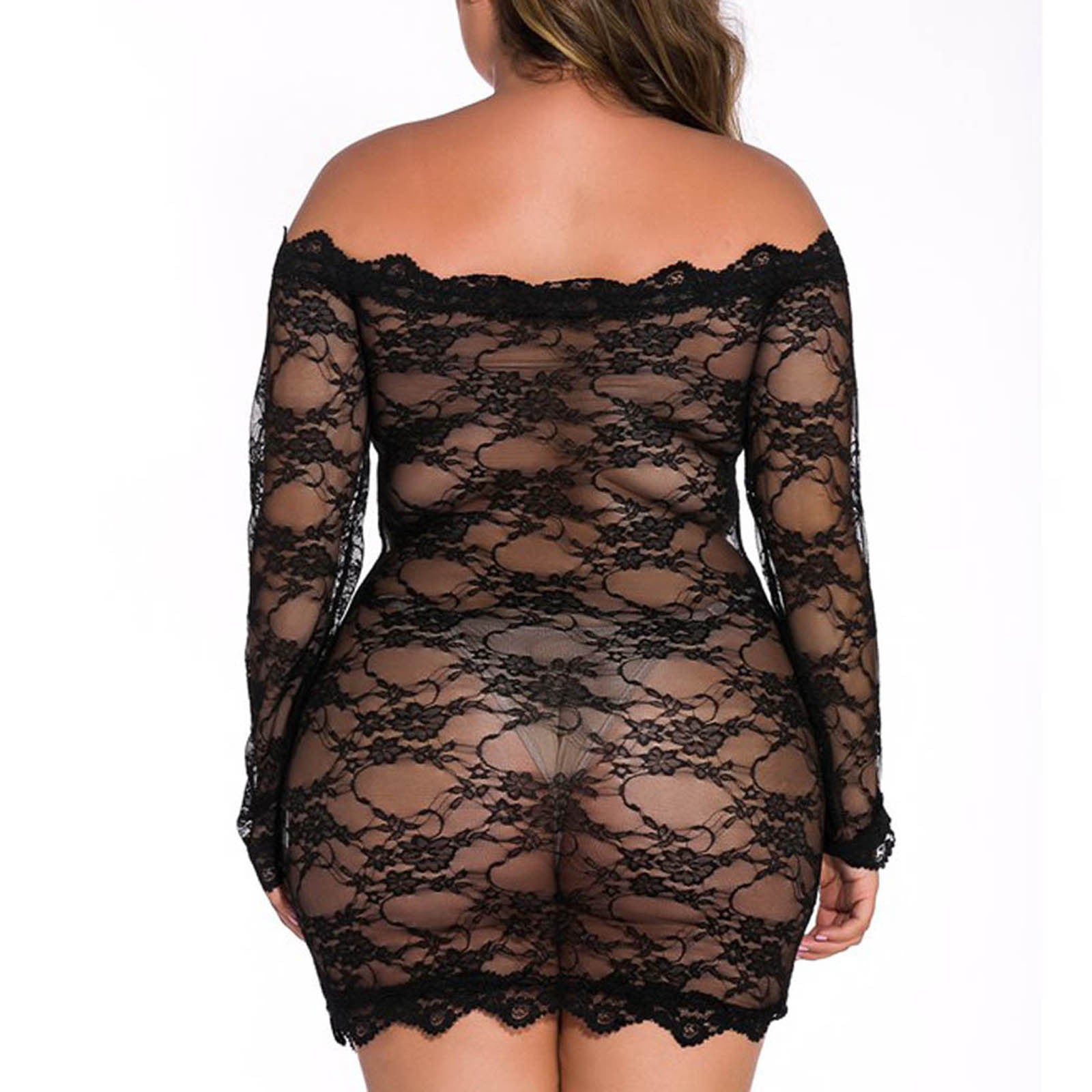 Plus Size 5XL Long Sleeve Off-shoulder Lace Nightdress Women Nightie See Through Mesh Floral Sleepwear Sexy Backless Nightgown