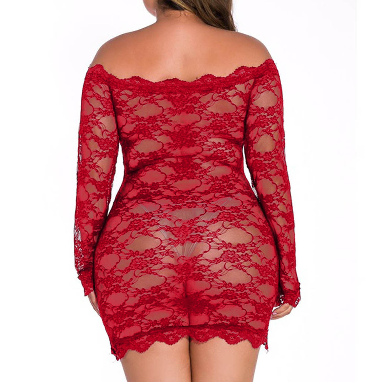 Plus Size 5XL Long Sleeve Off-shoulder Lace Nightdress Women Nightie See Through Mesh Floral Sleepwear Sexy Backless Nightgown