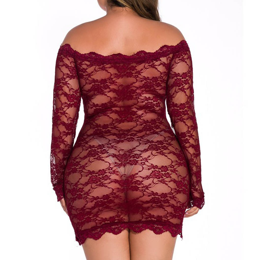 Plus Size 5XL Long Sleeve Off-shoulder Lace Nightdress Women Nightie See Through Mesh Floral Sleepwear Sexy Backless Nightgown