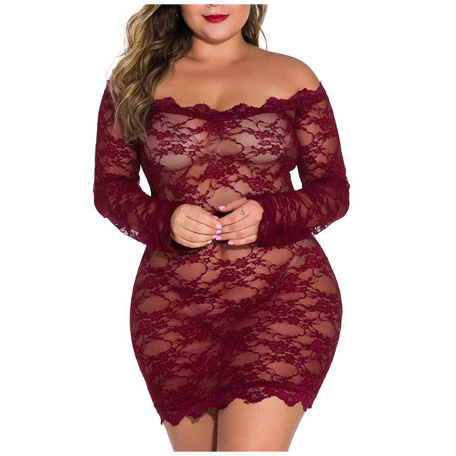 Plus Size 5XL Long Sleeve Off-shoulder Lace Nightdress Women Nightie See Through Mesh Floral Sleepwear Sexy Backless Nightgown