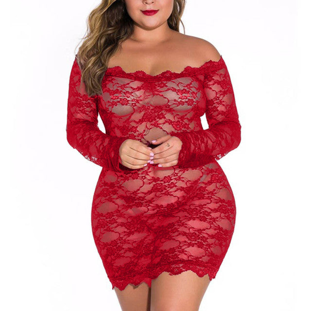 Plus Size 5XL Long Sleeve Off-shoulder Lace Nightdress Women Nightie See Through Mesh Floral Sleepwear Sexy Backless Nightgown