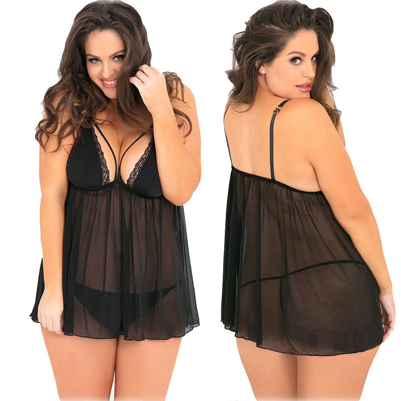 Sexy Mesh Women Nightdress See Through Large Size Black European And American Sexy Sleepwear