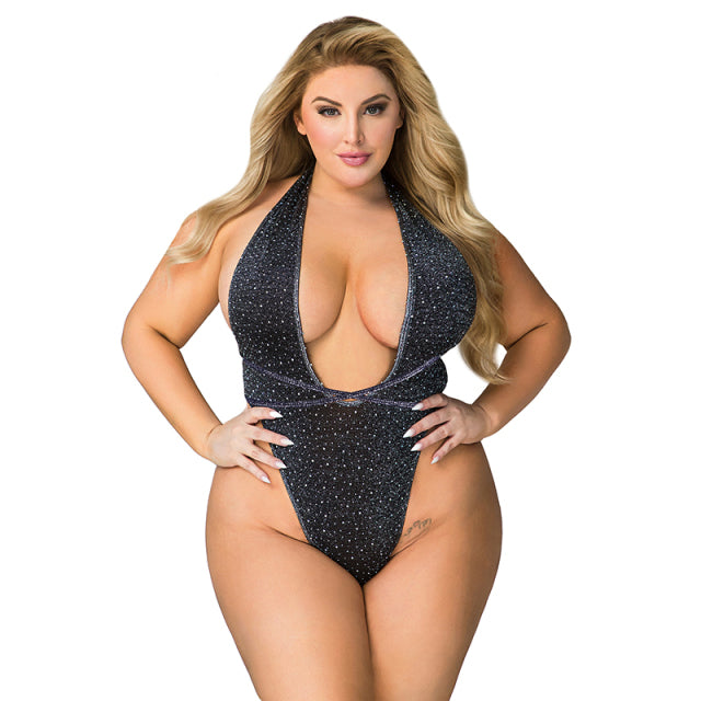 Comeondear Sexy Rhinestone Deep V Neck Fishnet Teddy Bodysuit Women Crystal Diamond See Through Bodycon One Piece Teddy Lingerie