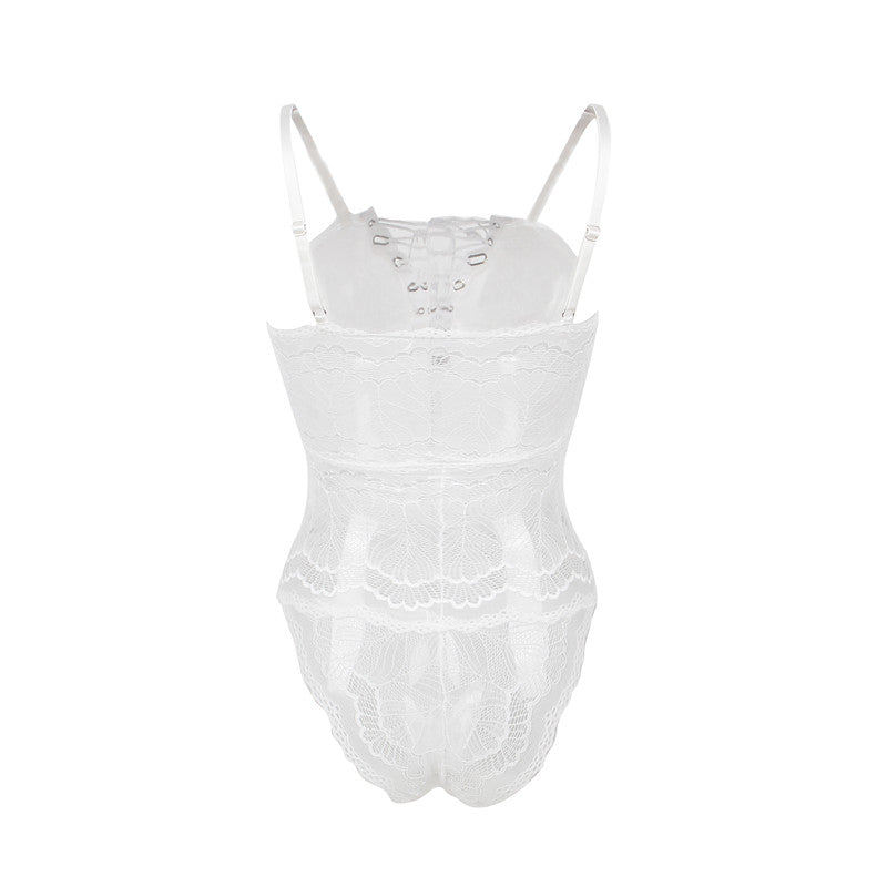 Comeondear Women Sexy Bodysuit Rompers Chest Ribbon Adjusting Lace Femme Bandage Summer Body Transparent Teddy Plus Size