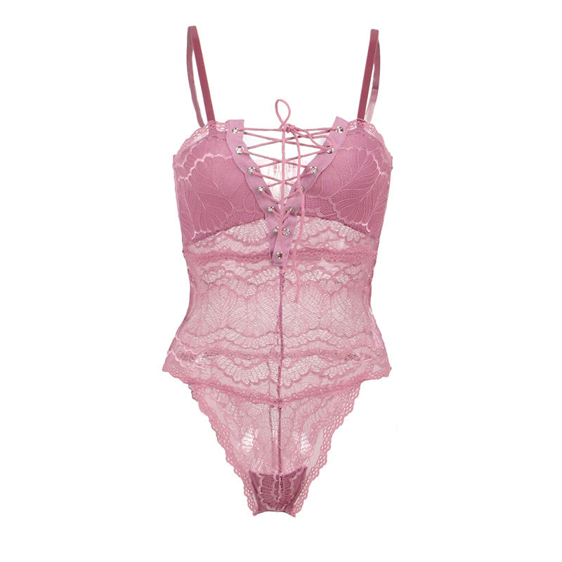 Comeondear Women Sexy Bodysuit Rompers Chest Ribbon Adjusting Lace Femme Bandage Summer Body Transparent Teddy Plus Size