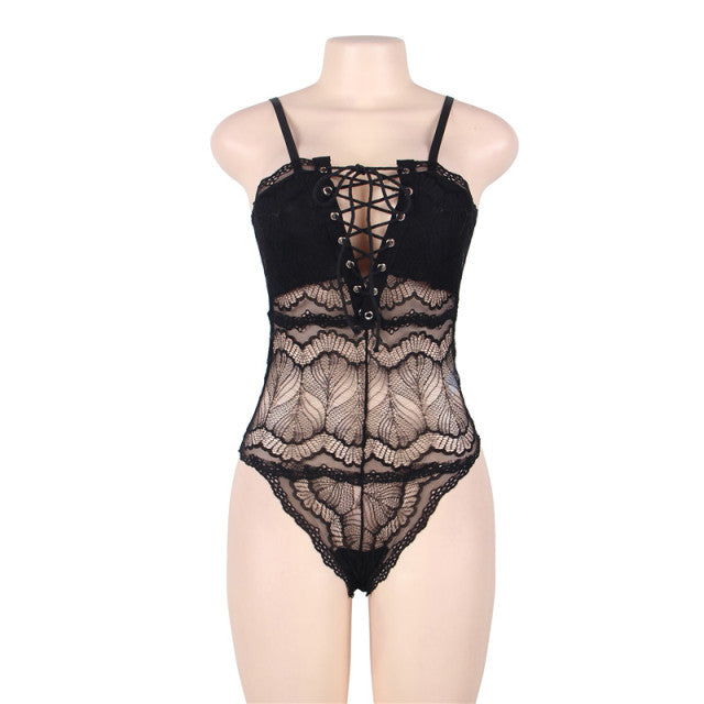 Comeondear Women Sexy Bodysuit Rompers Chest Ribbon Adjusting Lace Femme Bandage Summer Body Transparent Teddy Plus Size