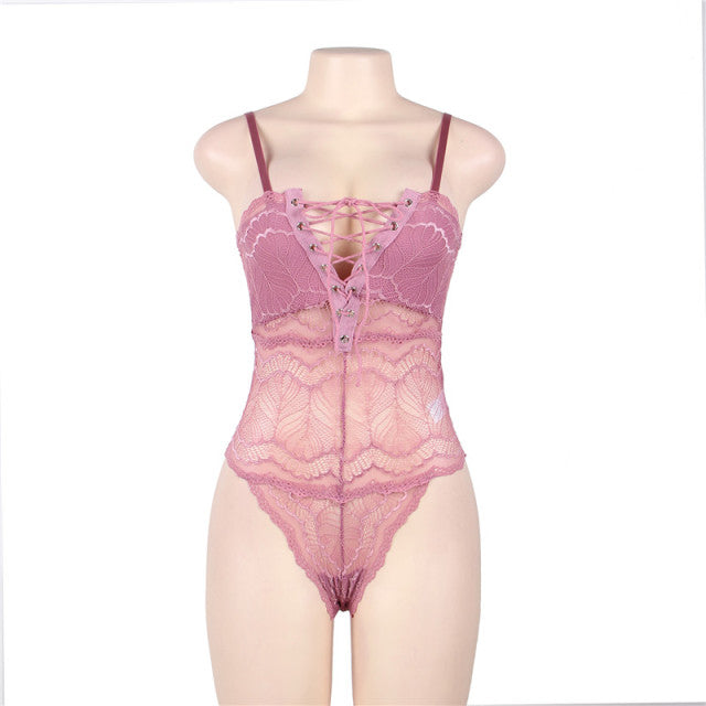 Comeondear Women Sexy Bodysuit Rompers Chest Ribbon Adjusting Lace Femme Bandage Summer Body Transparent Teddy Plus Size