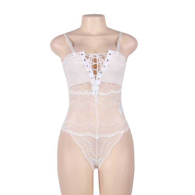 Comeondear Women Sexy Bodysuit Rompers Chest Ribbon Adjusting Lace Femme Bandage Summer Body Transparent Teddy Plus Size