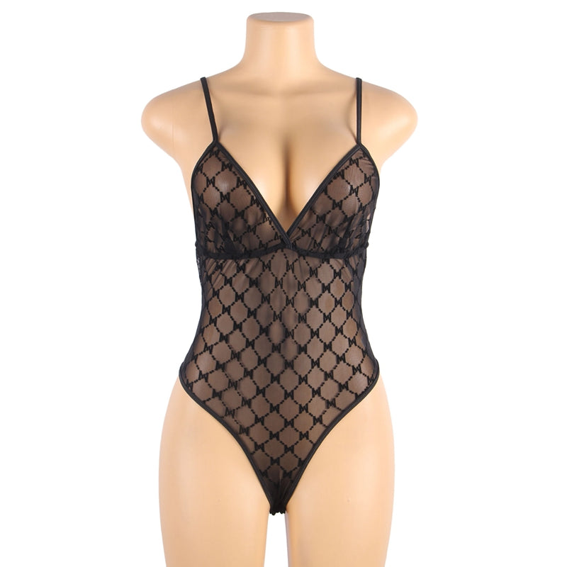 Comeondear Sexy Fashion Overalls For Women Jumpsuits Elegant Crotchless Lace Lingerie Plus Size Transparent Mesh Bodysuit Set