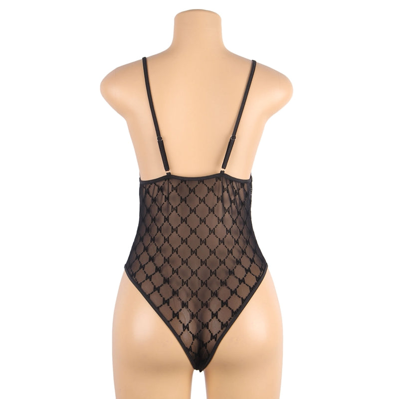 Comeondear Sexy Fashion Overalls For Women Jumpsuits Elegant Crotchless Lace Lingerie Plus Size Transparent Mesh Bodysuit Set