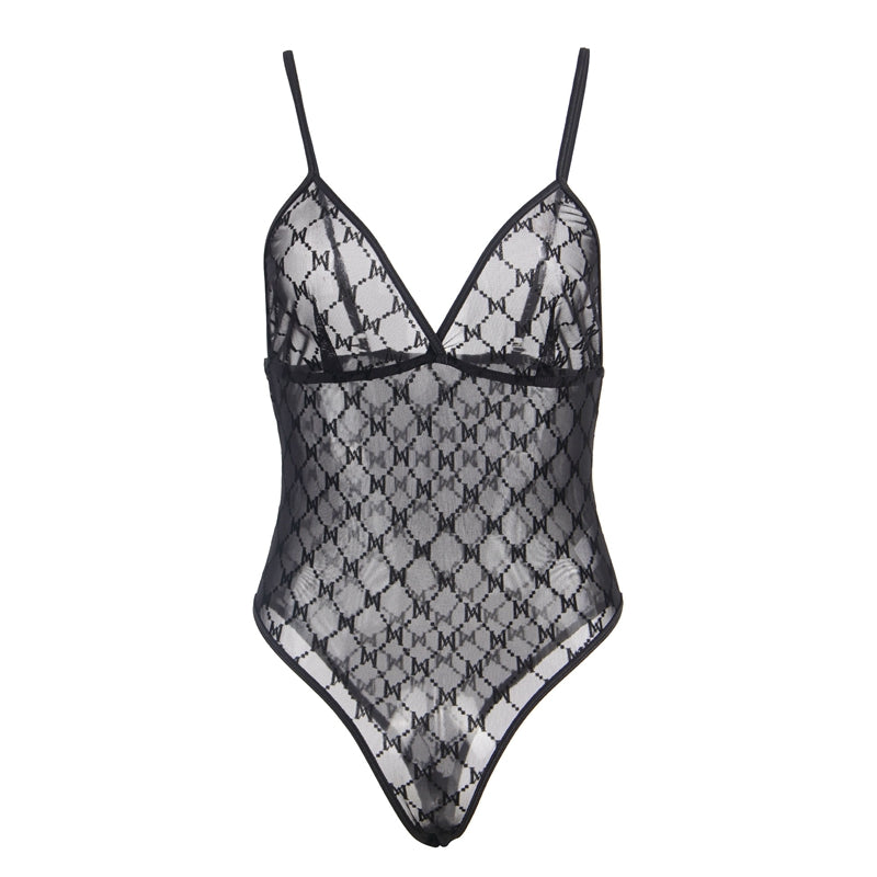 Comeondear Sexy Fashion Overalls For Women Jumpsuits Elegant Crotchless Lace Lingerie Plus Size Transparent Mesh Bodysuit Set