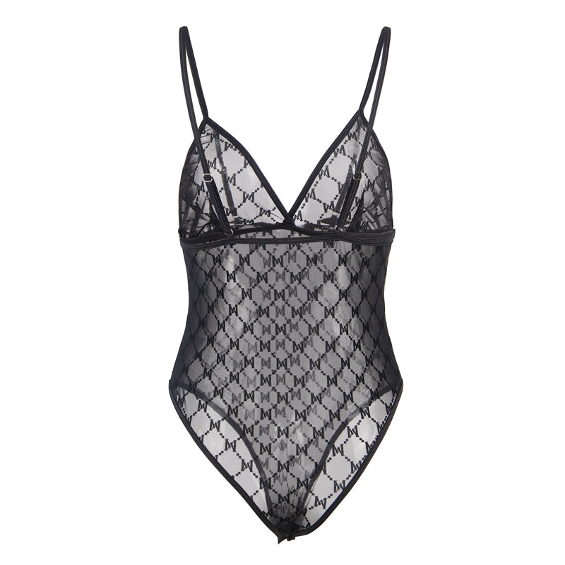 Comeondear Sexy Fashion Overalls For Women Jumpsuits Elegant Crotchless Lace Lingerie Plus Size Transparent Mesh Bodysuit Set