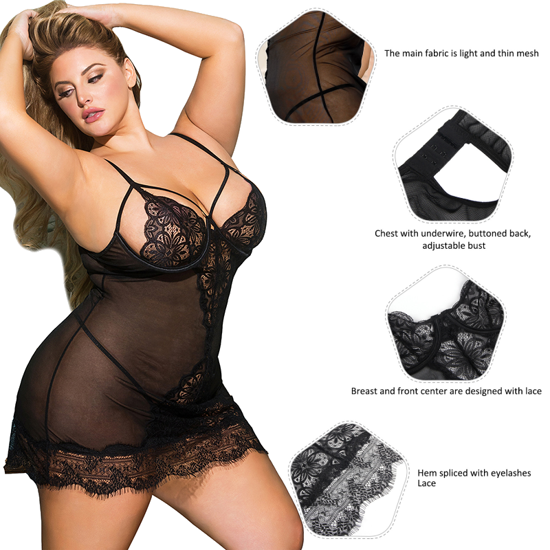 Comeondear Sexy Nightgowns For Sleeping Dress See Through Plus Size Black Soft Eyelash Women Nightwear Print Lace Lingerie Set