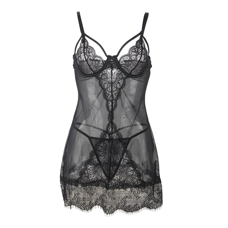 Comeondear Sexy Nightgowns For Sleeping Dress See Through Plus Size Black Soft Eyelash Women Nightwear Print Lace Lingerie Set