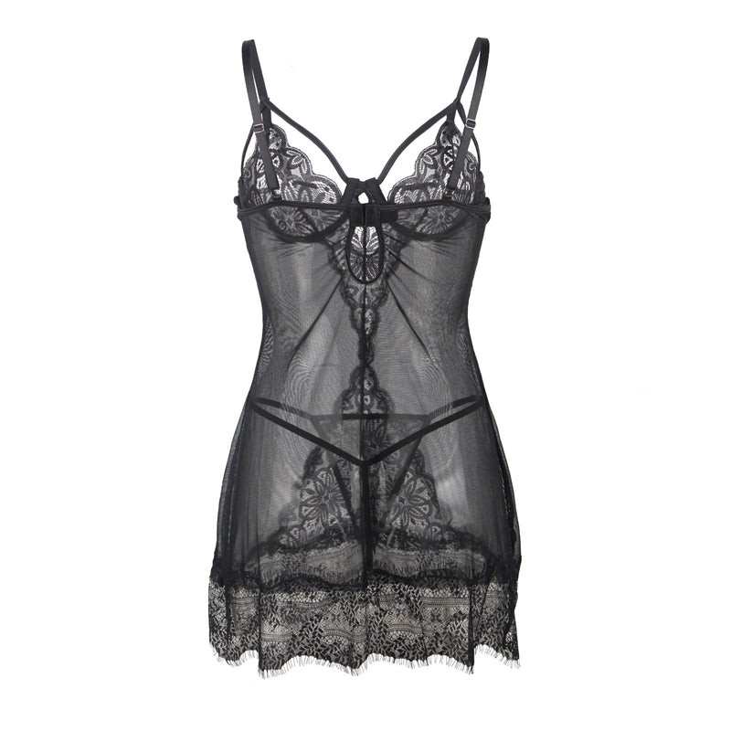 Comeondear Sexy Nightgowns For Sleeping Dress See Through Plus Size Black Soft Eyelash Women Nightwear Print Lace Lingerie Set