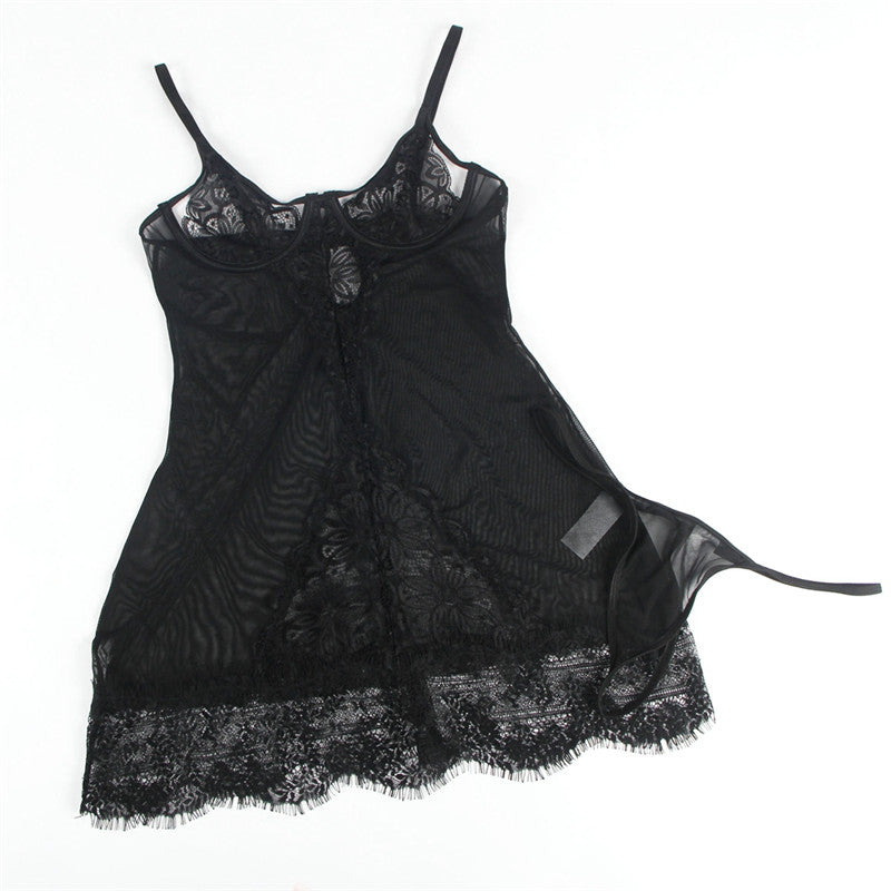 Comeondear Sexy Nightgowns For Sleeping Dress See Through Plus Size Black Soft Eyelash Women Nightwear Print Lace Lingerie Set
