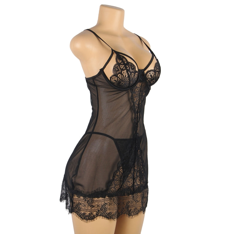 Comeondear Sexy Nightgowns For Sleeping Dress See Through Plus Size Black Soft Eyelash Women Nightwear Print Lace Lingerie Set