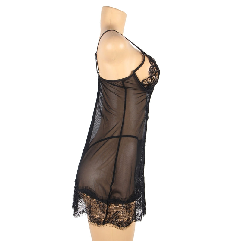 Comeondear Sexy Nightgowns For Sleeping Dress See Through Plus Size Black Soft Eyelash Women Nightwear Print Lace Lingerie Set