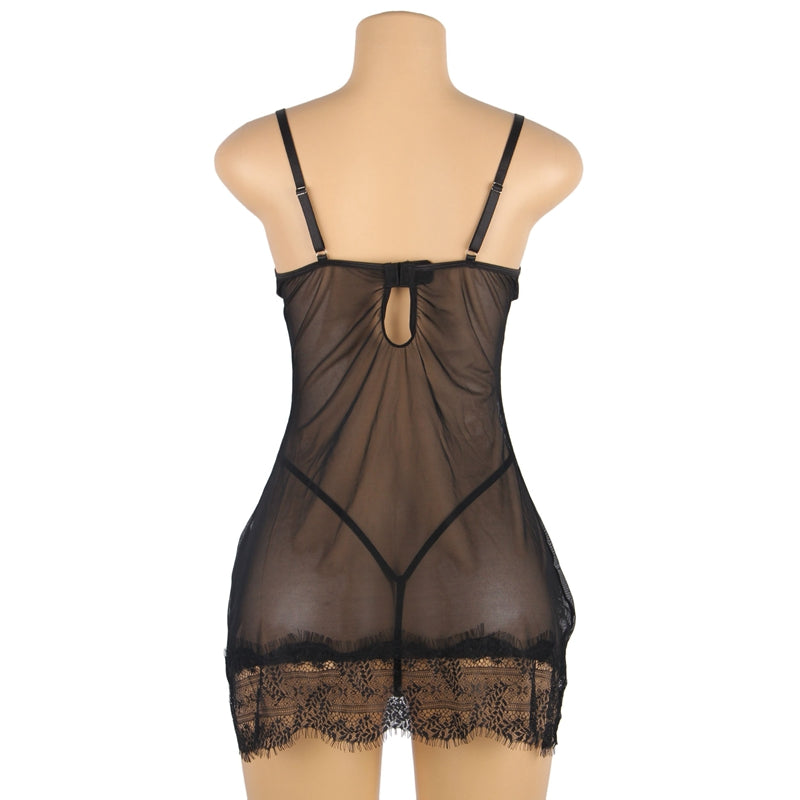 Comeondear Sexy Nightgowns For Sleeping Dress See Through Plus Size Black Soft Eyelash Women Nightwear Print Lace Lingerie Set