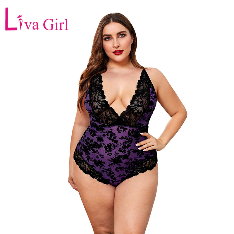 LIVA GIRL Plus Size Sleeveless Bodysuits Women Sexy Sheer Lace Trim Deep V-neck Bodysuit Female Body Tops Big Size Clothes