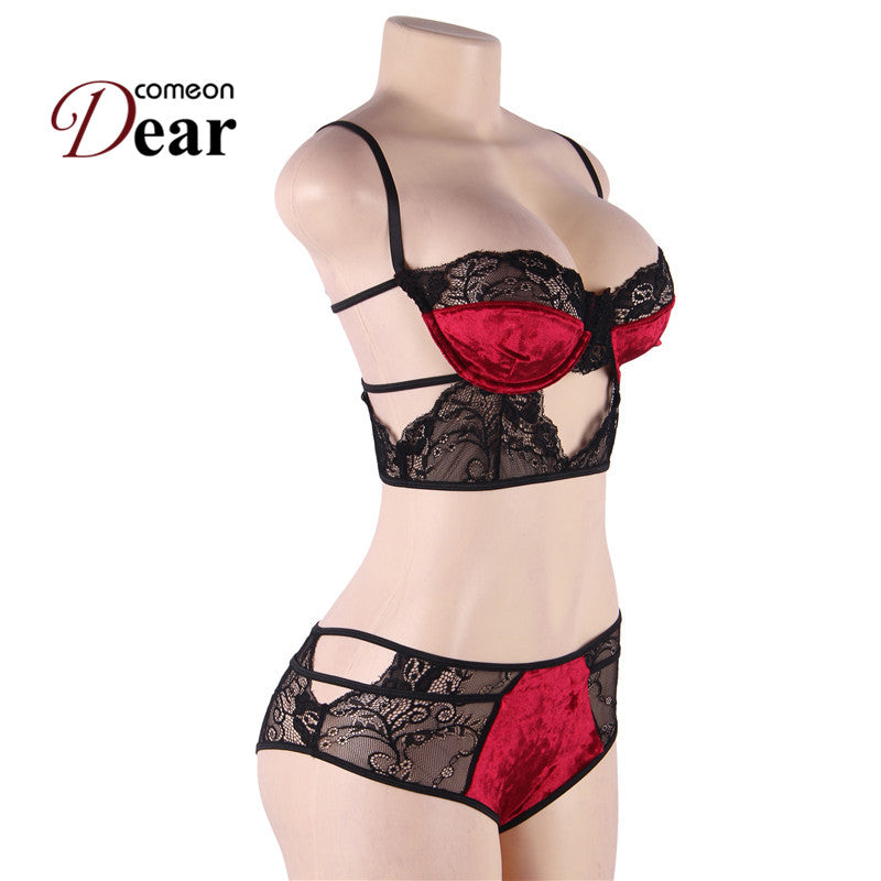 Comeondear Soft Velvet Sexy Lace Splice Bra Set Plus Size Transparent Push Up Lingerie Bandage Sexy Underwear Women Set