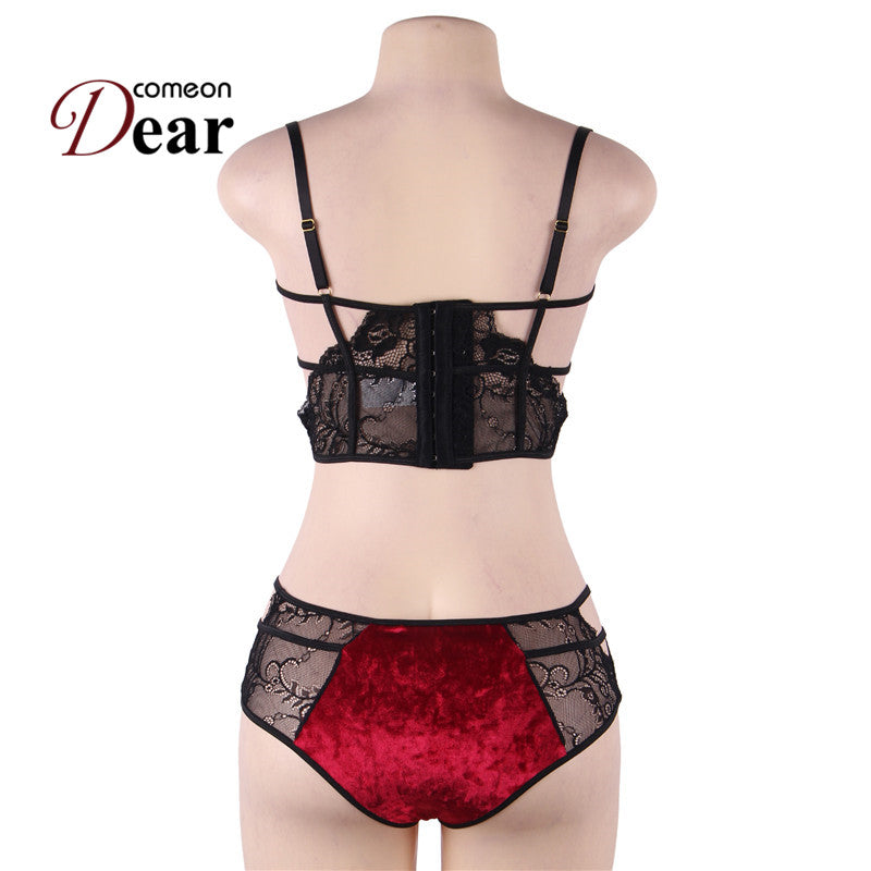 Comeondear Soft Velvet Sexy Lace Splice Bra Set Plus Size Transparent Push Up Lingerie Bandage Sexy Underwear Women Set