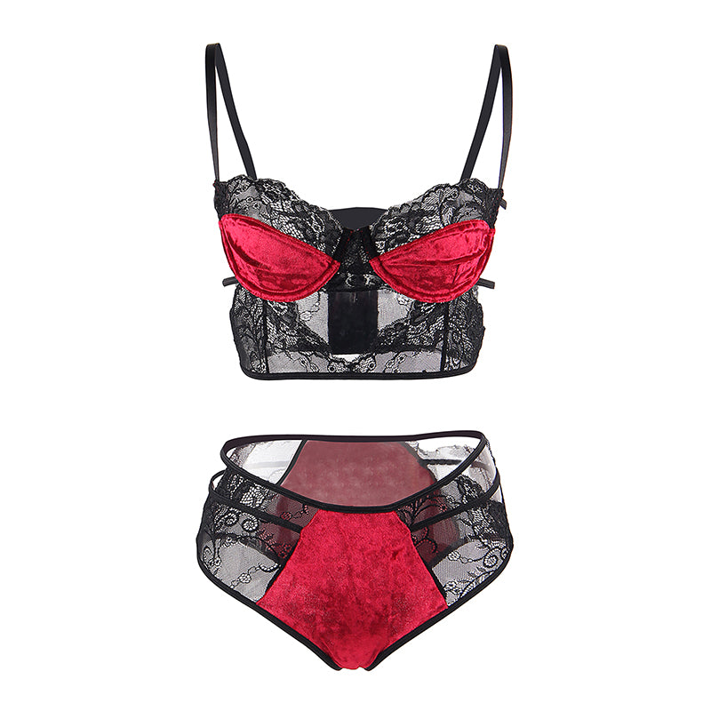 Comeondear Soft Velvet Sexy Lace Splice Bra Set Plus Size Transparent Push Up Lingerie Bandage Sexy Underwear Women Set