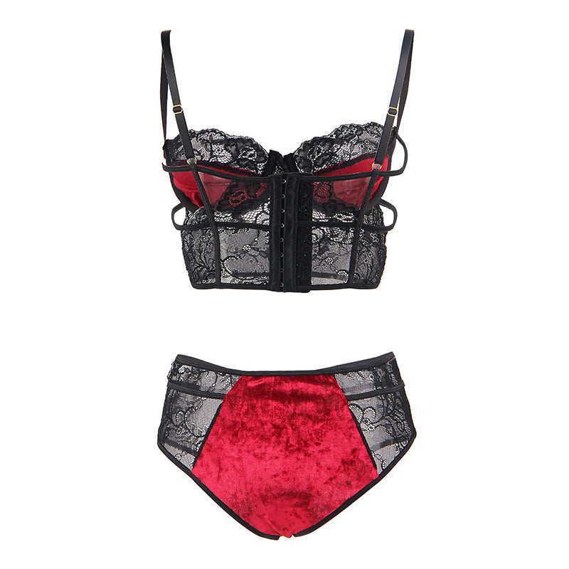 Comeondear Soft Velvet Sexy Lace Splice Bra Set Plus Size Transparent Push Up Lingerie Bandage Sexy Underwear Women Set