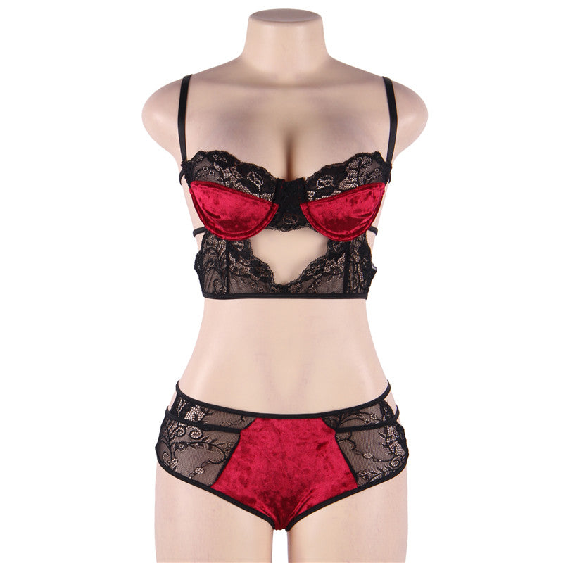 Comeondear Soft Velvet Sexy Lace Splice Bra Set Plus Size Transparent Push Up Lingerie Bandage Sexy Underwear Women Set