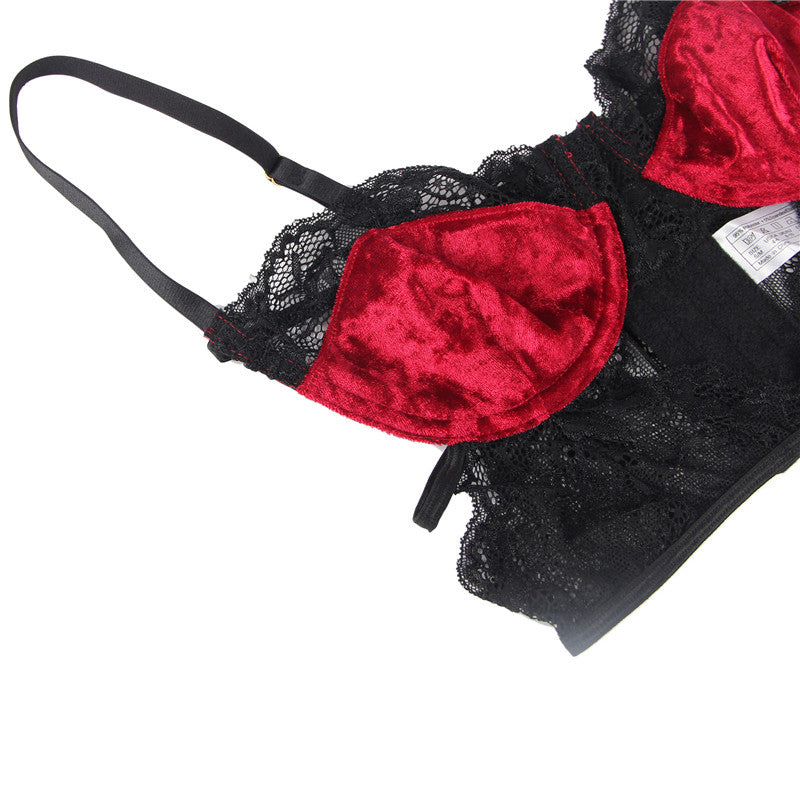 Comeondear Soft Velvet Sexy Lace Splice Bra Set Plus Size Transparent Push Up Lingerie Bandage Sexy Underwear Women Set