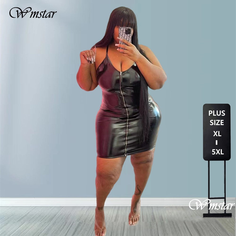 Wmstar Plus Size 5XL PU Dress Women Birthday Club Outfits Tank Bodycon Elegant Sexy New Mini Dresses
