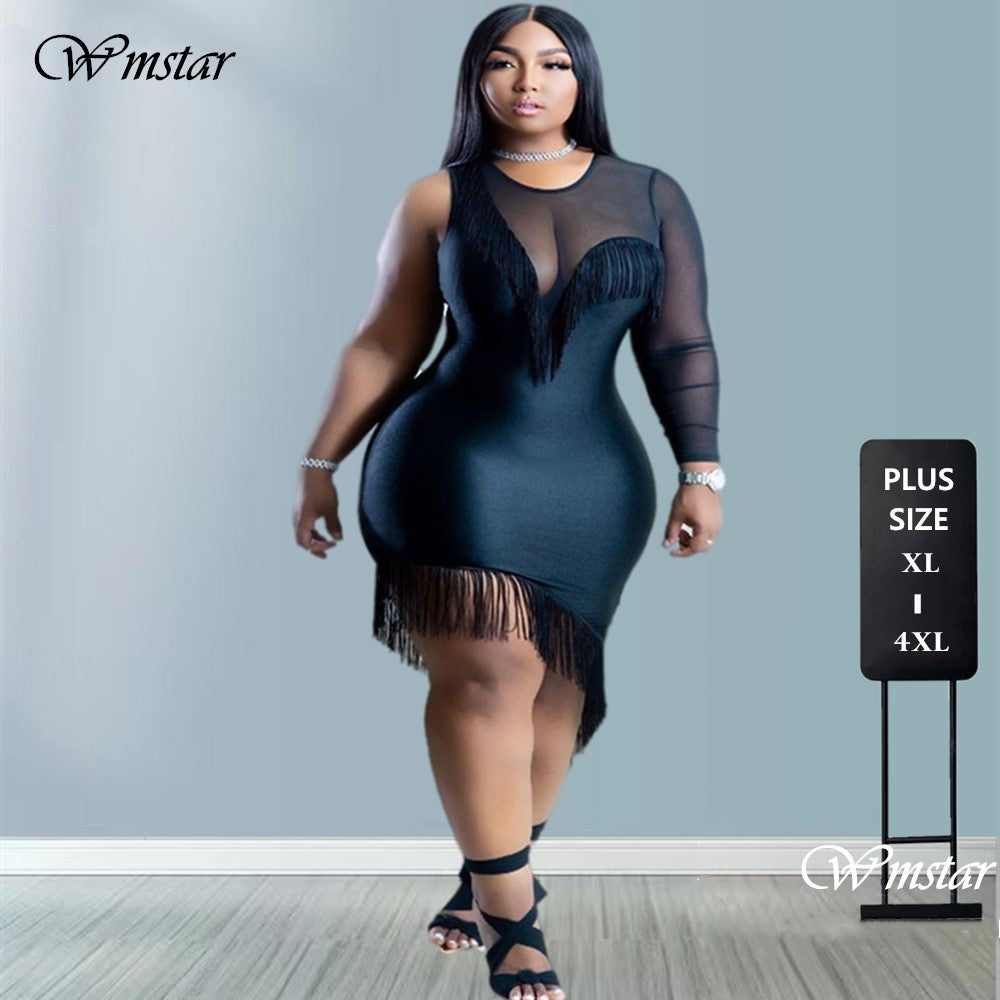 Wmstar Plus Size Dress Wholesale Mesh Black Sexy Party Club Outfit Single Sleeve Elegant Summer Maxi Dresses Casual