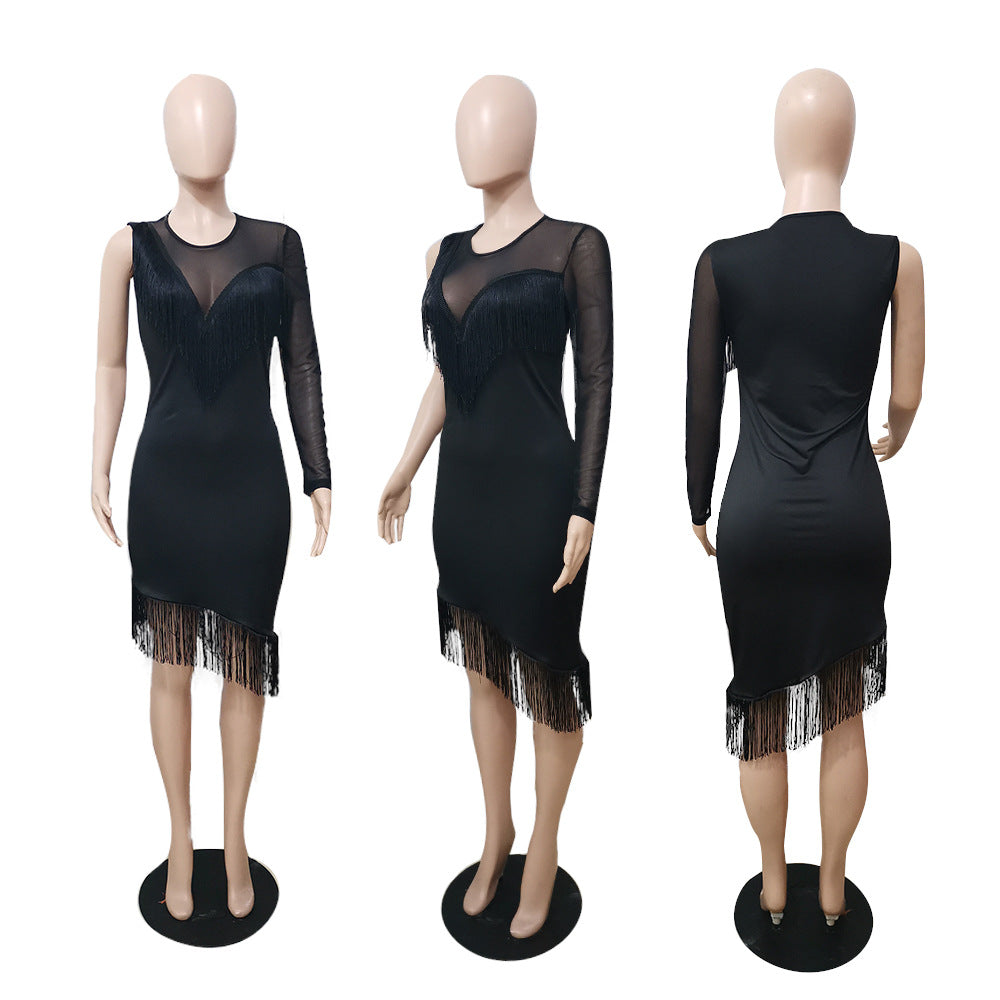 Wmstar Plus Size Dress Wholesale Mesh Black Sexy Party Club Outfit Single Sleeve Elegant Summer Maxi Dresses Casual