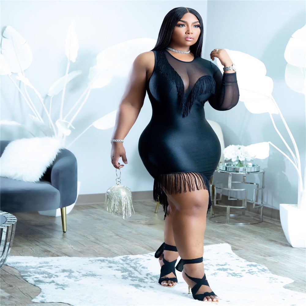 Wmstar Plus Size Dress Wholesale Mesh Black Sexy Party Club Outfit Single Sleeve Elegant Summer Maxi Dresses Casual