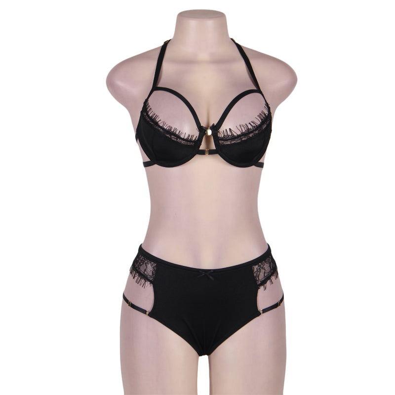 Comeondear Erotic Woman Underwear Lingerie Sets Bandage Halter Lace Eyelash Bra Set With 3/4 Cup Bra High Waist Sexy Panties Set