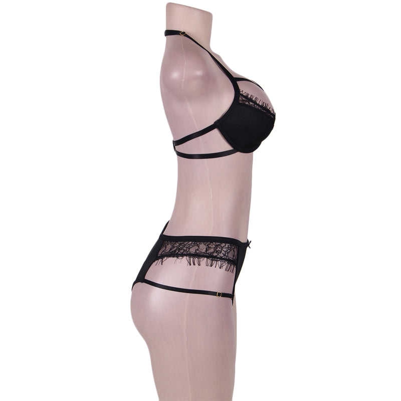 Comeondear Erotic Woman Underwear Lingerie Sets Bandage Halter Lace Eyelash Bra Set With 3/4 Cup Bra High Waist Sexy Panties Set