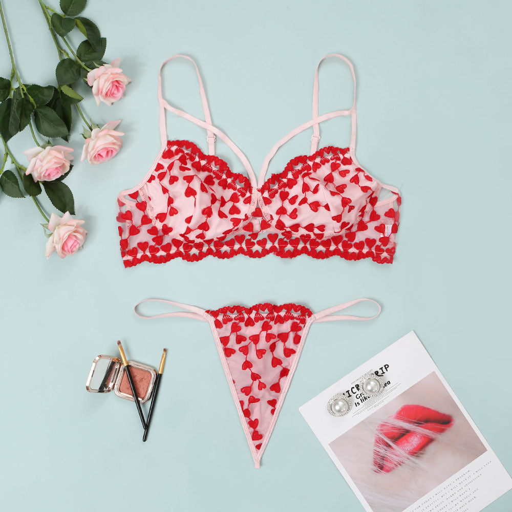 Plus Size Heart Shape Lingerier Set Women WIreless Bra Briefs Embroidery Sexy Bralette Wholesale