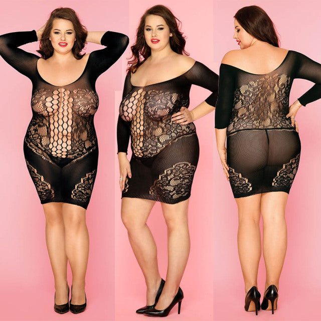 JSY Sexy Bodysuit Lace Lingerie Sheer Plus Size Black Bodystockings Dress Women Underwear Erotic Catsuit Teddies Lingerie