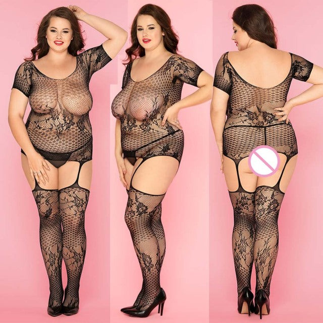 JSY Sexy Bodysuit Lace Lingerie Sheer Plus Size Black Bodystockings Dress Women Underwear Erotic Catsuit Teddies Lingerie