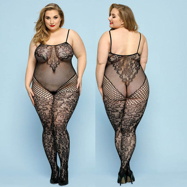 JSY Sexy Bodysuit Lace Lingerie Sheer Plus Size Black Bodystockings Dress Women Underwear Erotic Catsuit Teddies Lingerie